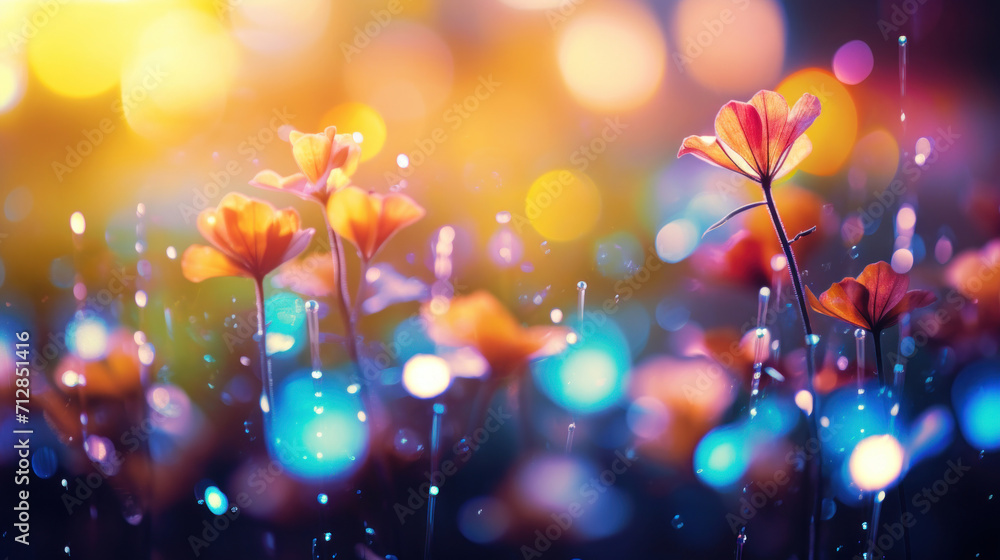 Twilight scene with orange flowers under rain, creating a bokeh effect with gleaming water droplets.