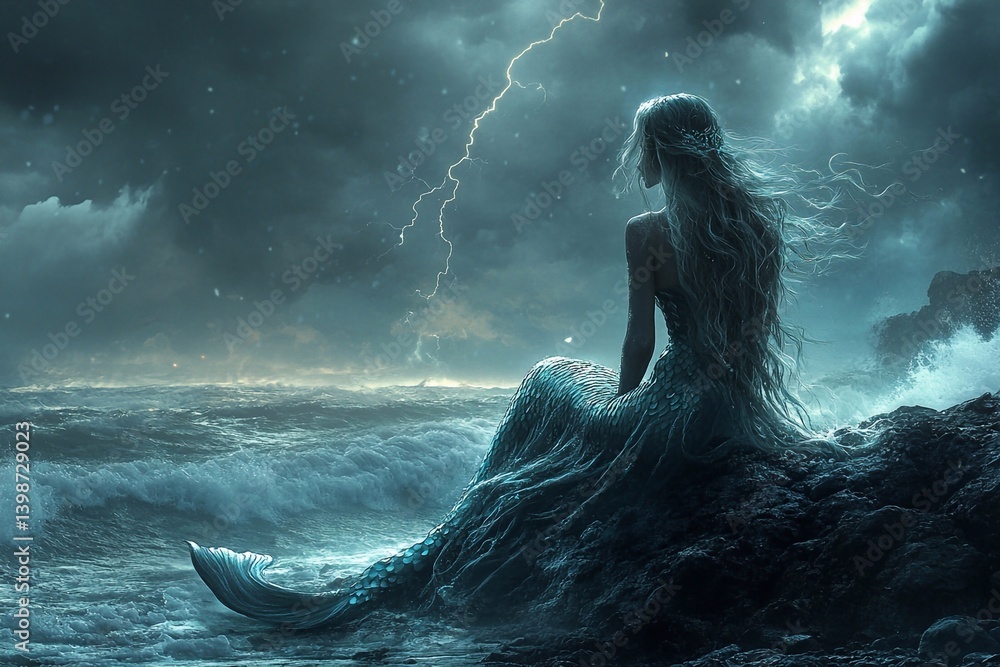 Mermaid and the Storm Amidst a storm, as waves crash onto the shore, a mermaid sits on a rock, calmly observing the elements