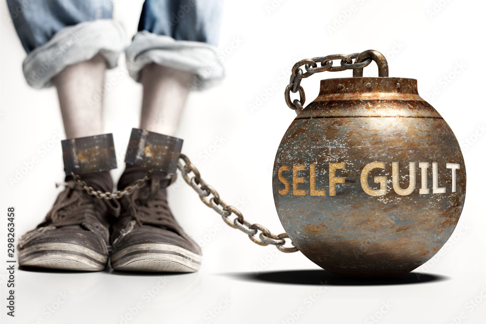 Self guilt can be a big weight and a burden with negative influence - Self guilt role and impact symbolized by a heavy prisoner's weight attached to a person, 3d illustration