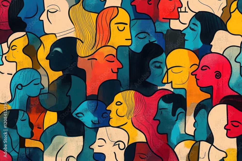 Conceptual art depicting societal issues, focusing on women s roles, mental health, loneliness, and social support.